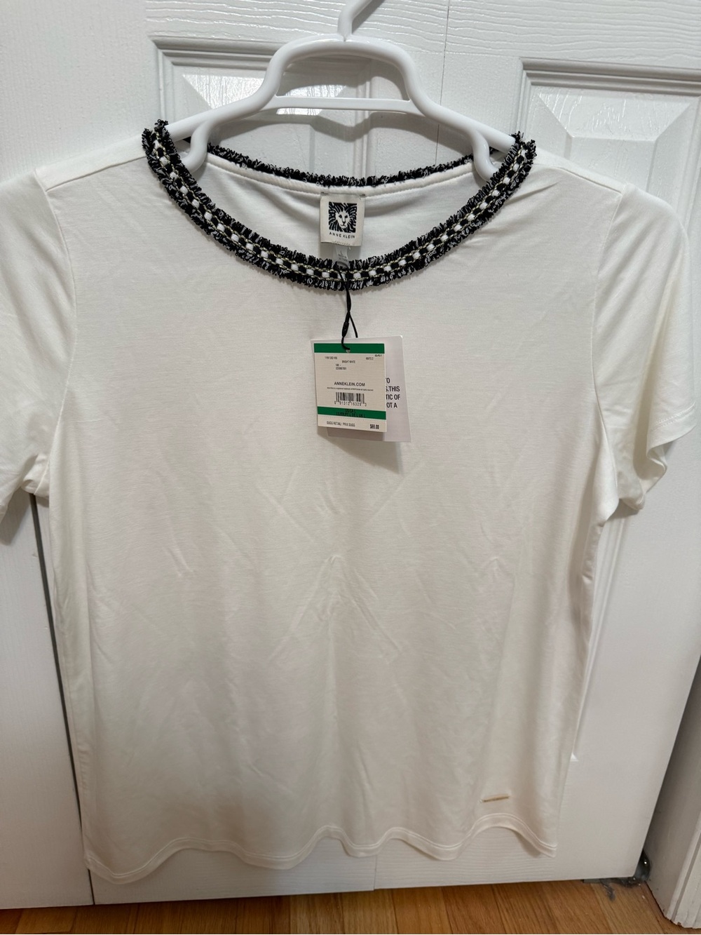 Anne Klein White Short-Sleeve Crewneck Top with Black-Beaded Trim